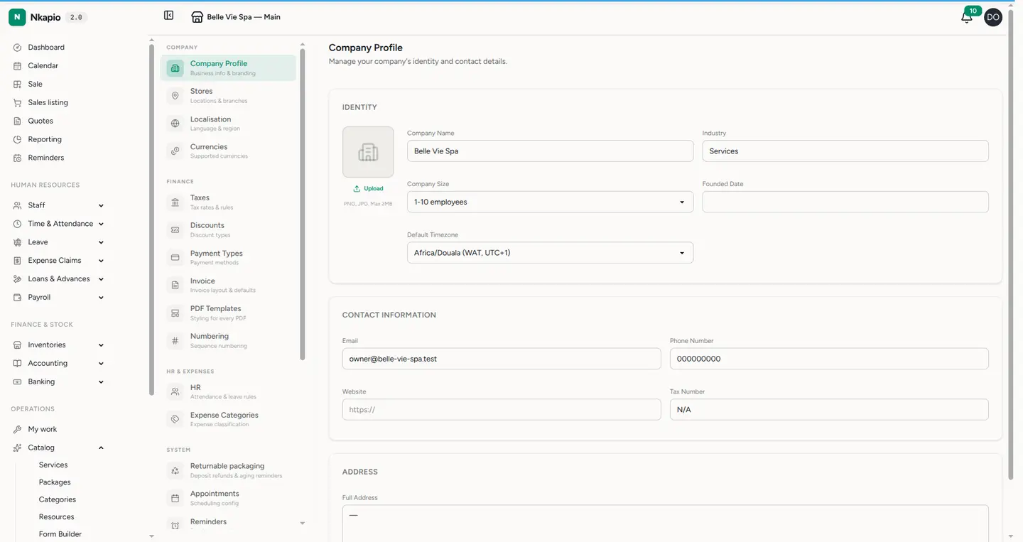 The company settings page