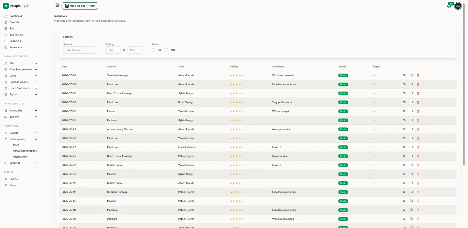 The Reviews list with ratings, comments and filters