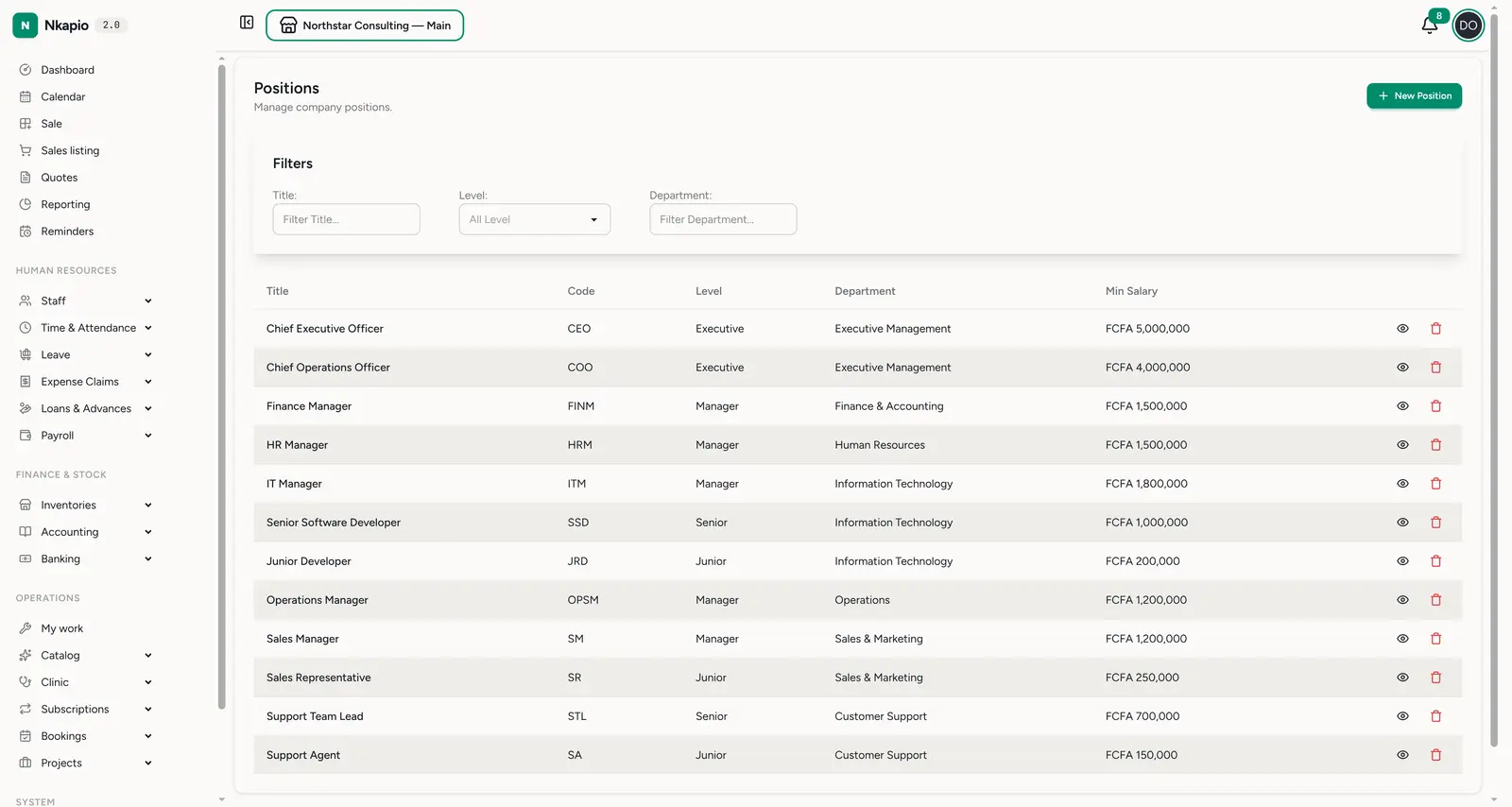 Positions — title, code, level, department and minimum salary