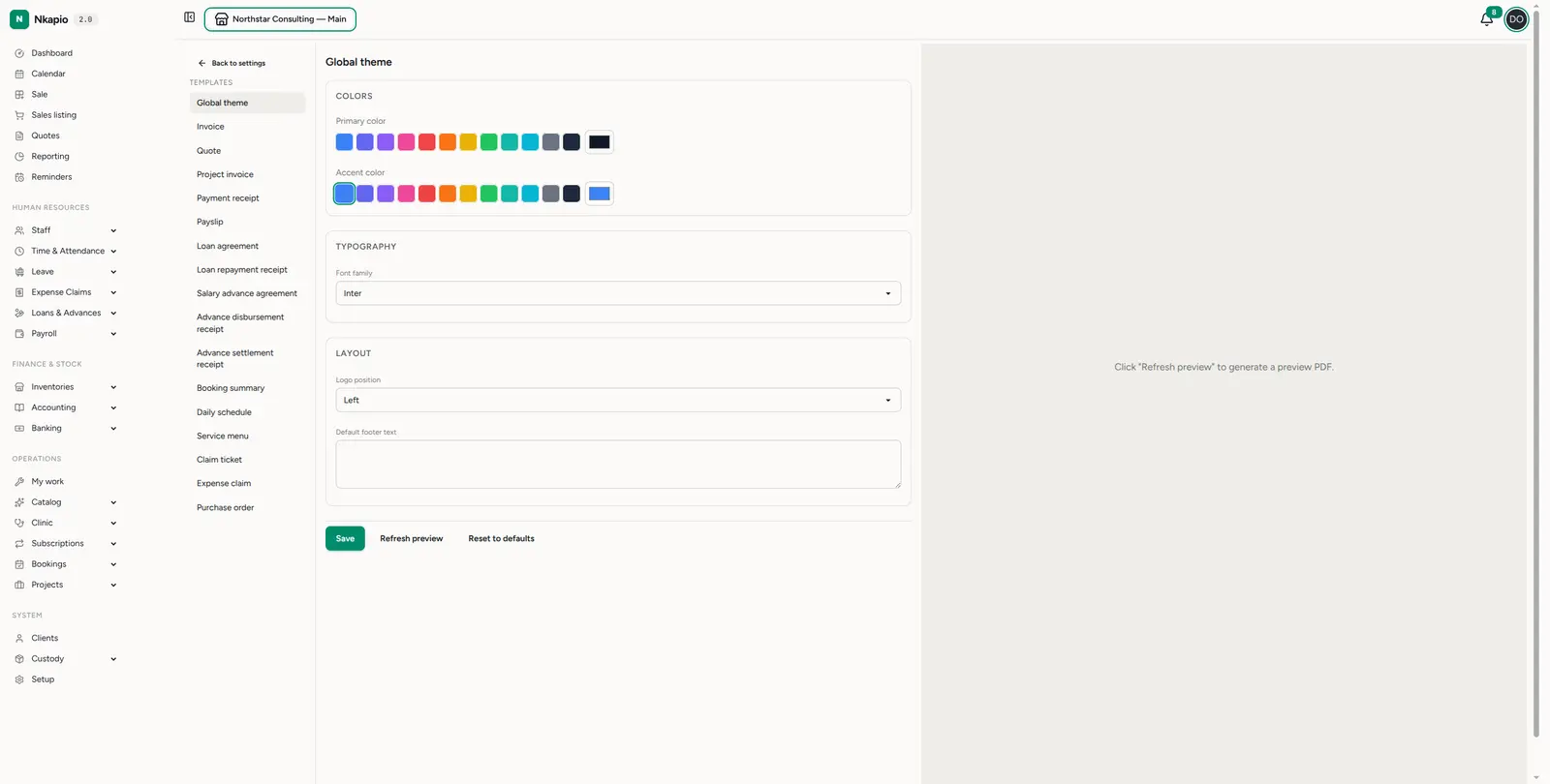 The global theme editor — colours, typography and layout
