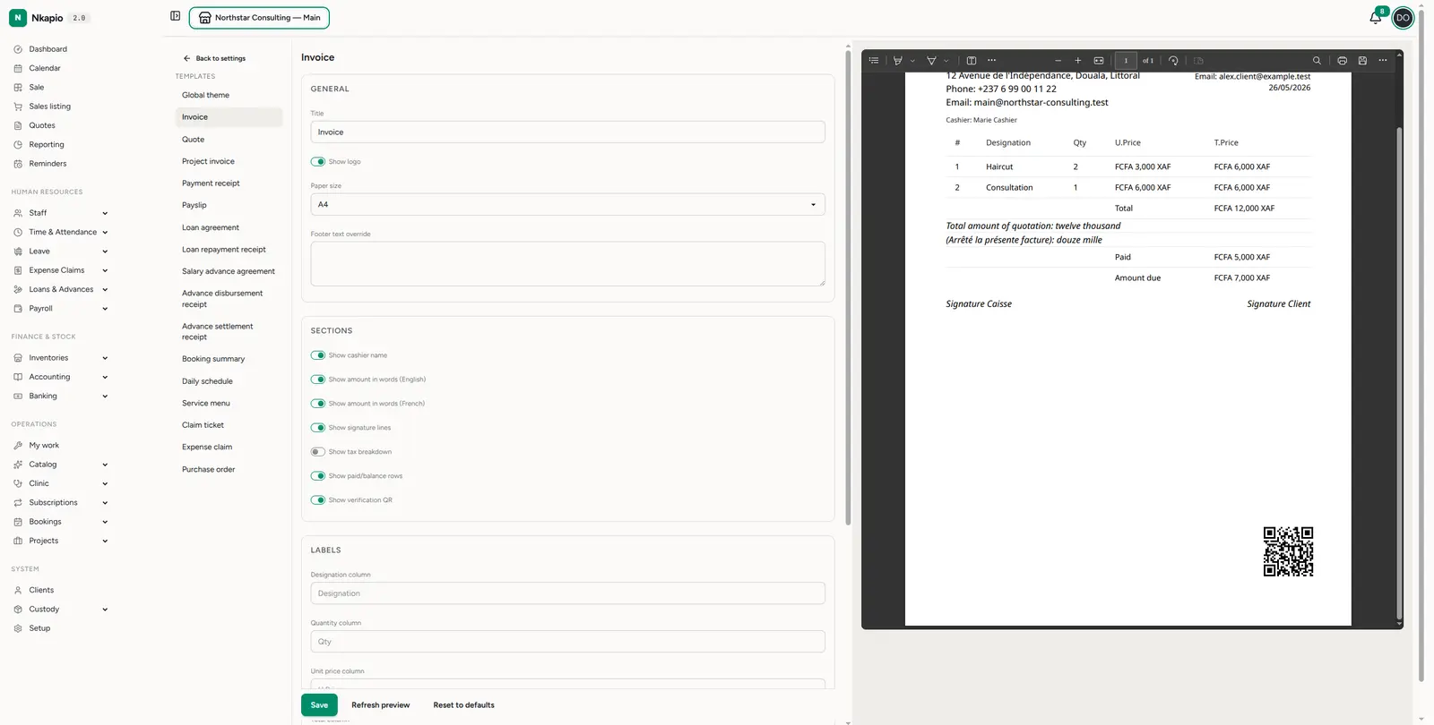 The invoice template editor with a live PDF preview
