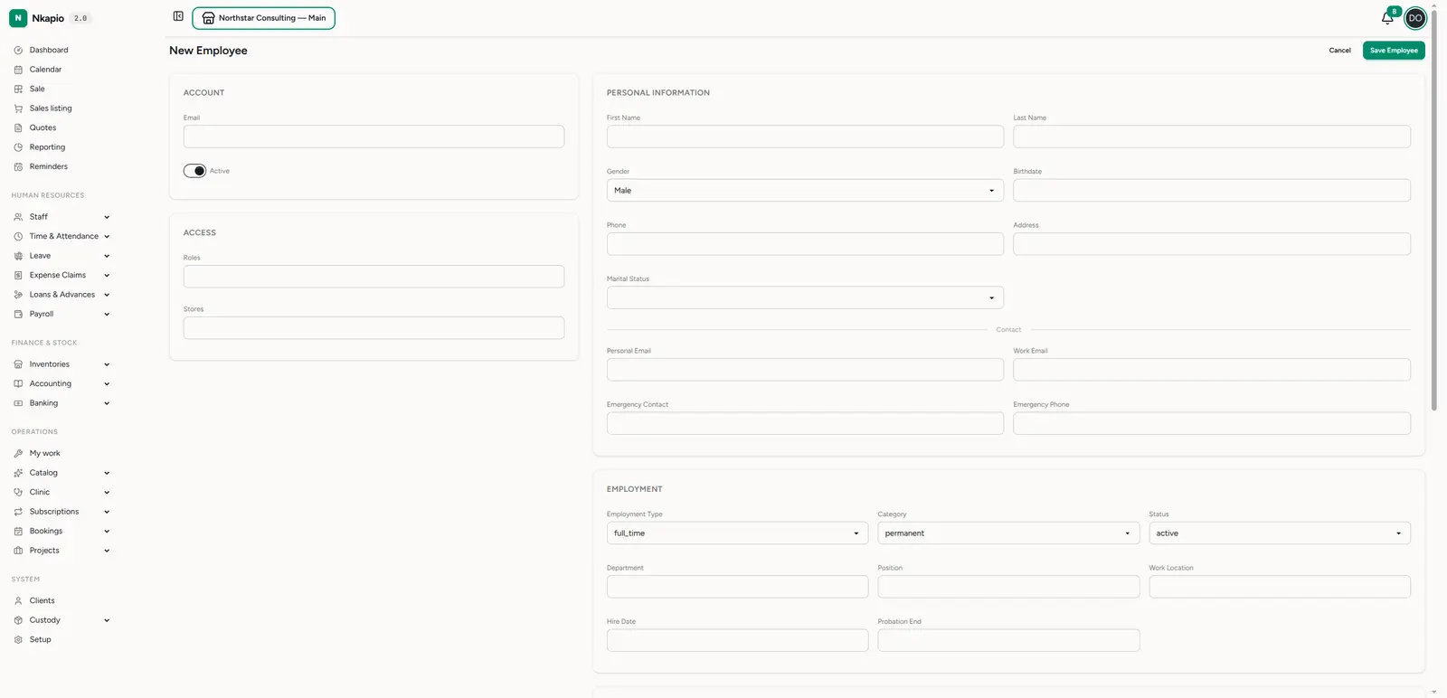 The New Employee form