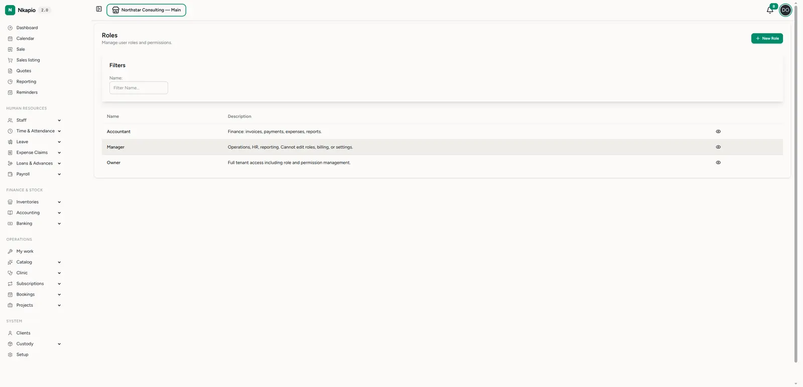 The Roles list with default roles and their scope