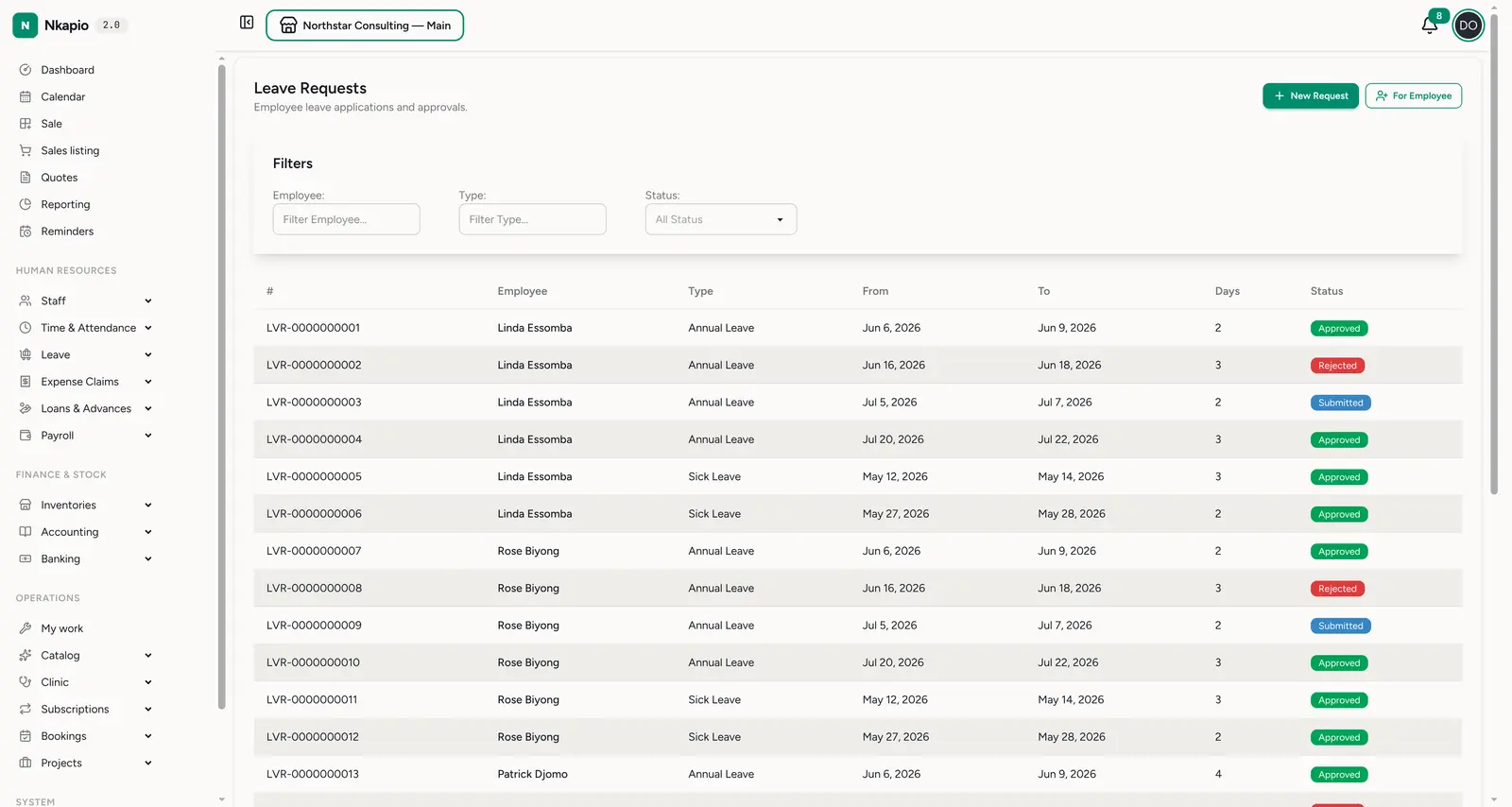 Leave requests — applications and approvals with status