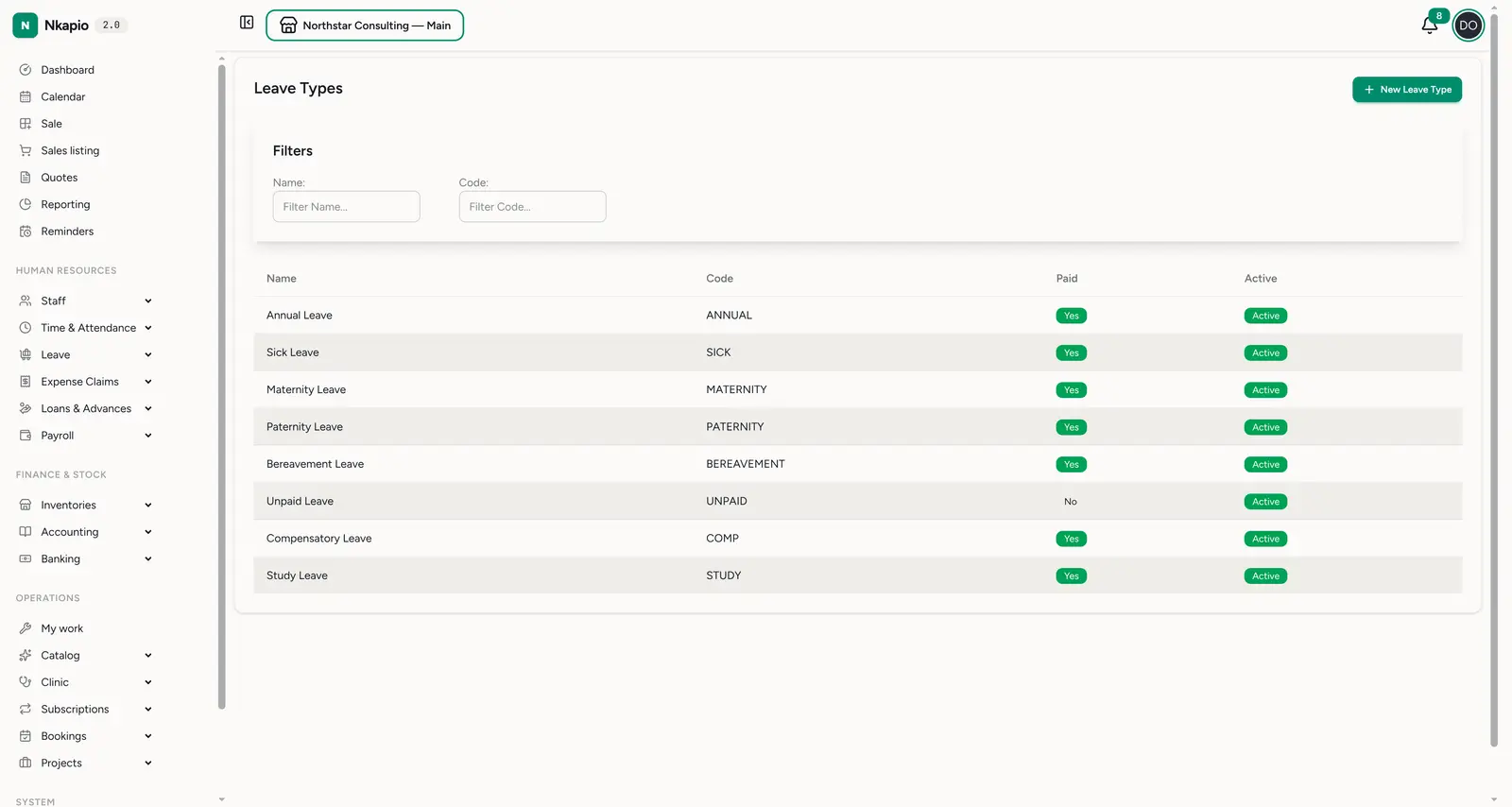Leave types — name, code, paid and active