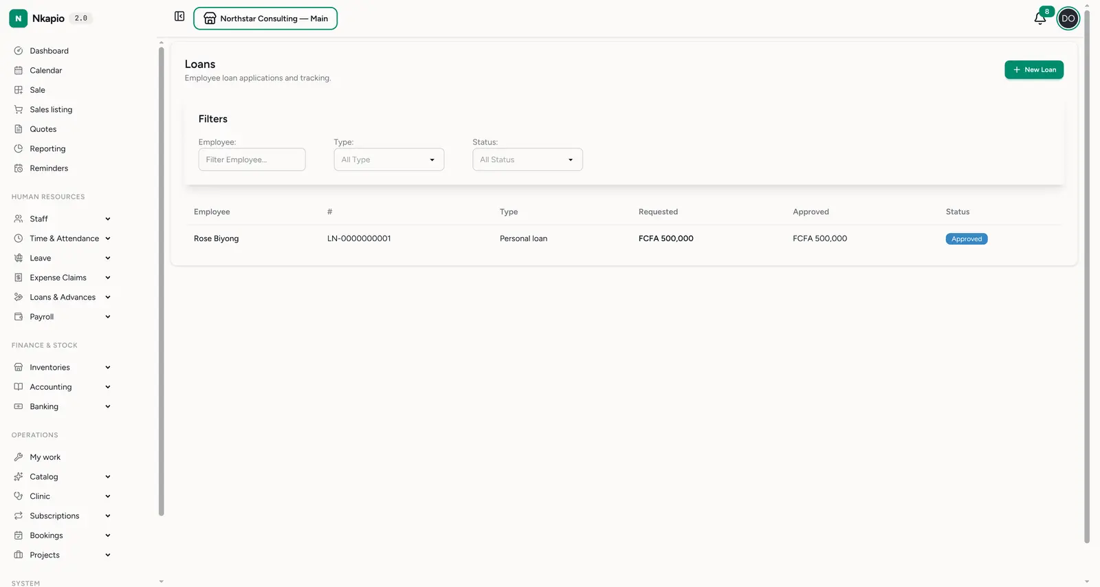 Loans — employee loan applications with requested/approved amounts and status