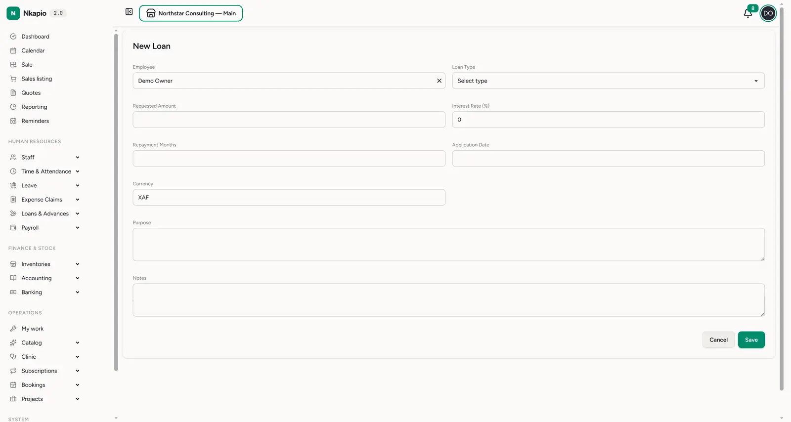 The new-loan form — employee, type, amount, interest, repayment and purpose