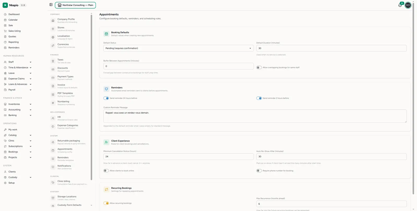Appointment settings — booking defaults, reminders, client rules and recurring bookings