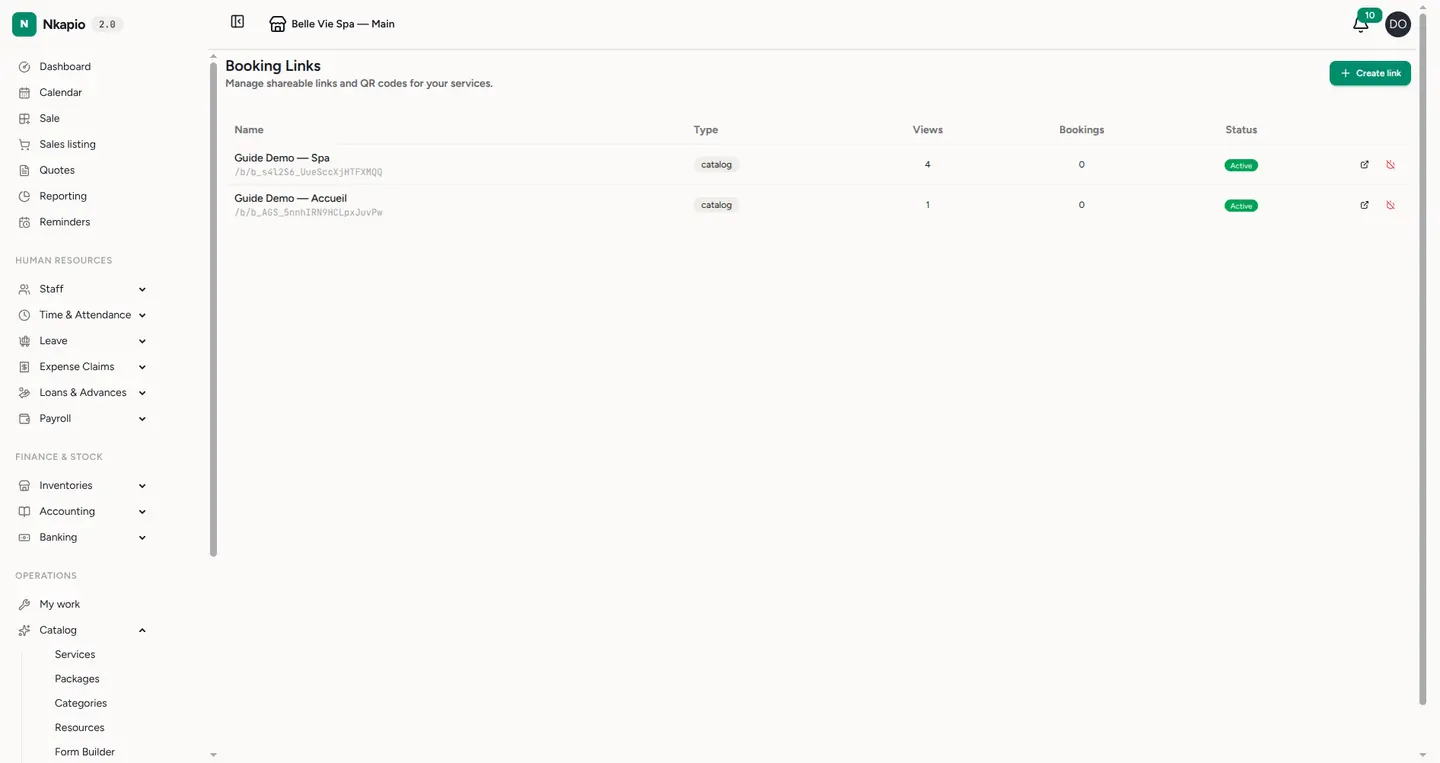 The booking links page