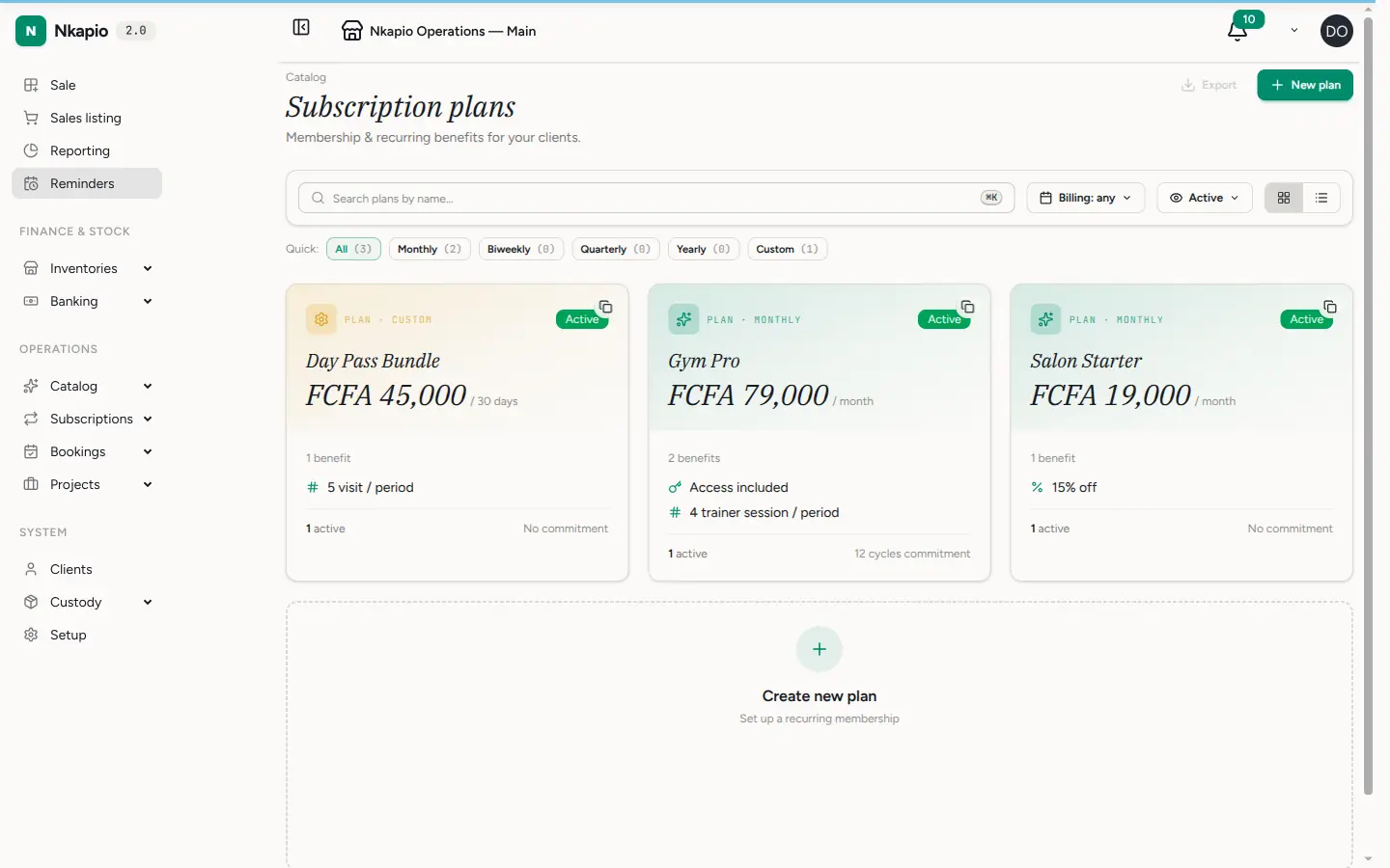 The membership plans list showing price and billing frequency per plan