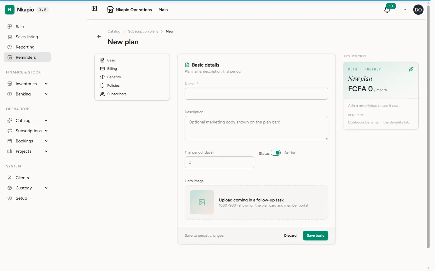 The new membership plan form with price, frequency and included benefits