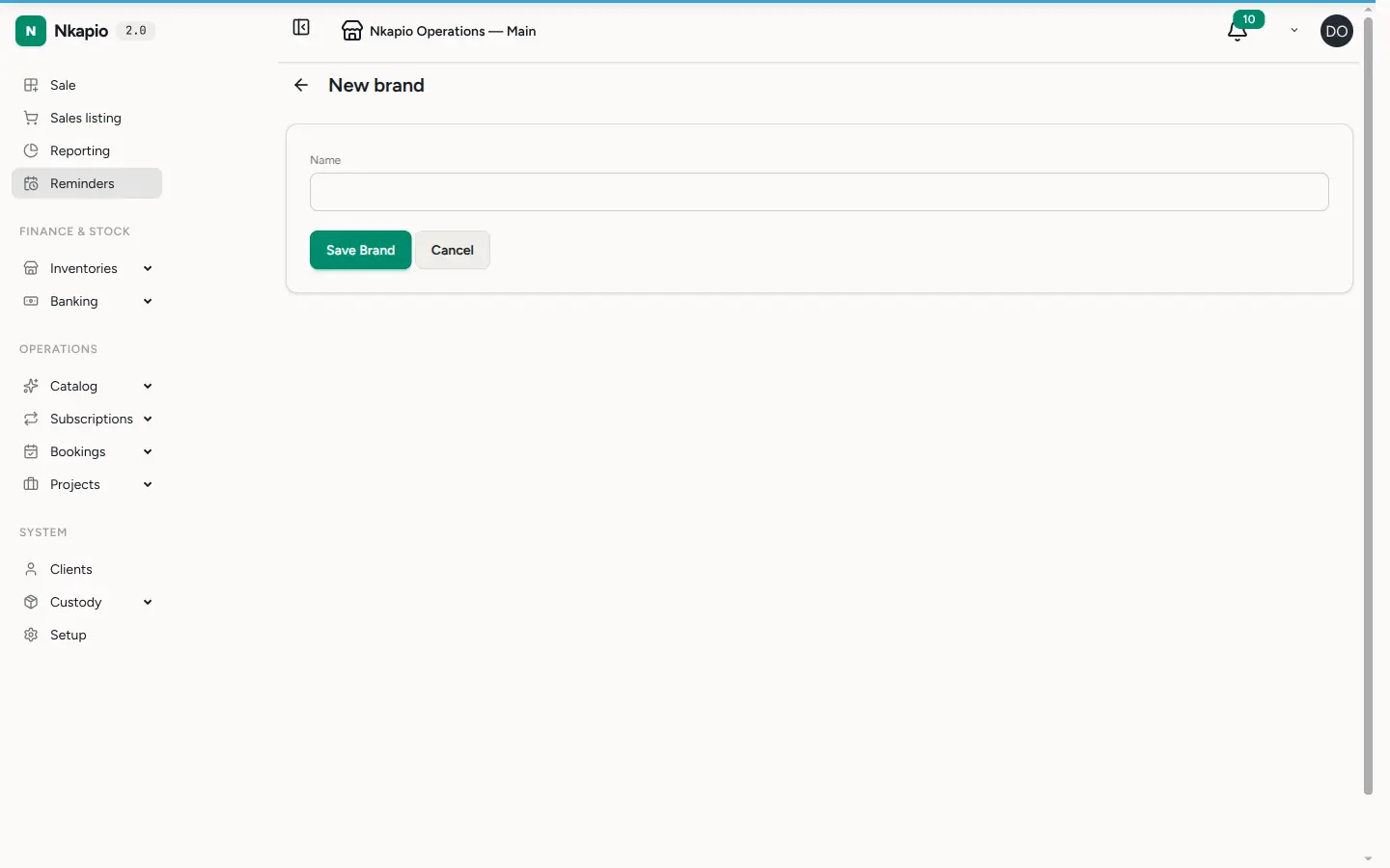The new brand form with a single Name field