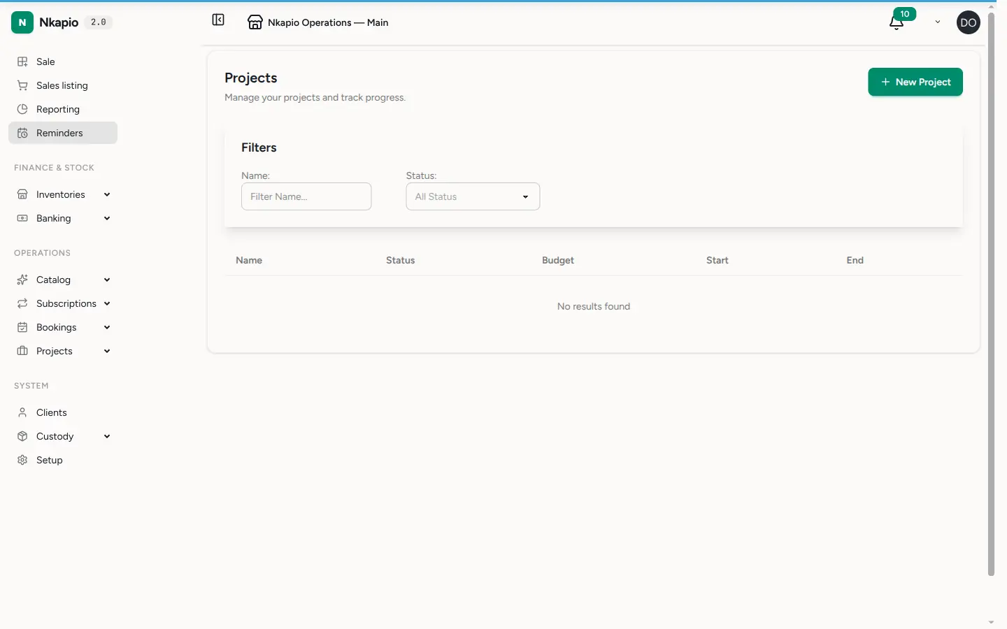 The projects list showing active projects with progress bars