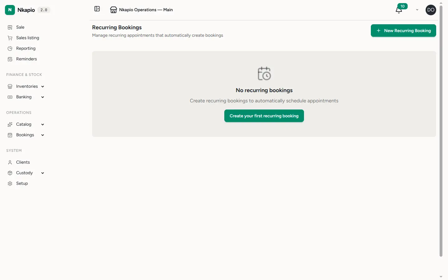 The recurring booking form with client, service and frequency fields