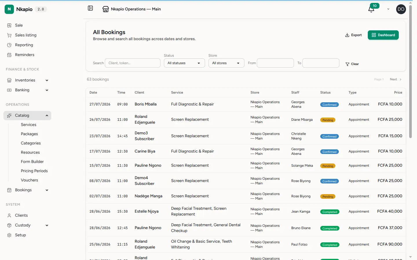 The recurring bookings list showing active contracts with their next occurrence