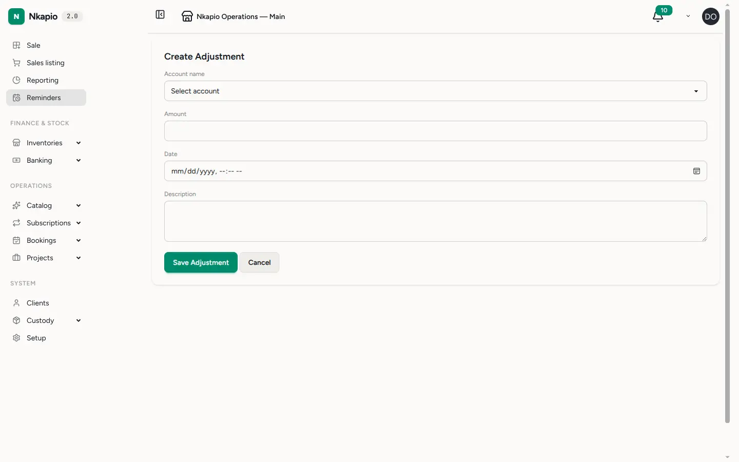 The new adjustment form with product, new quantity and reason fields