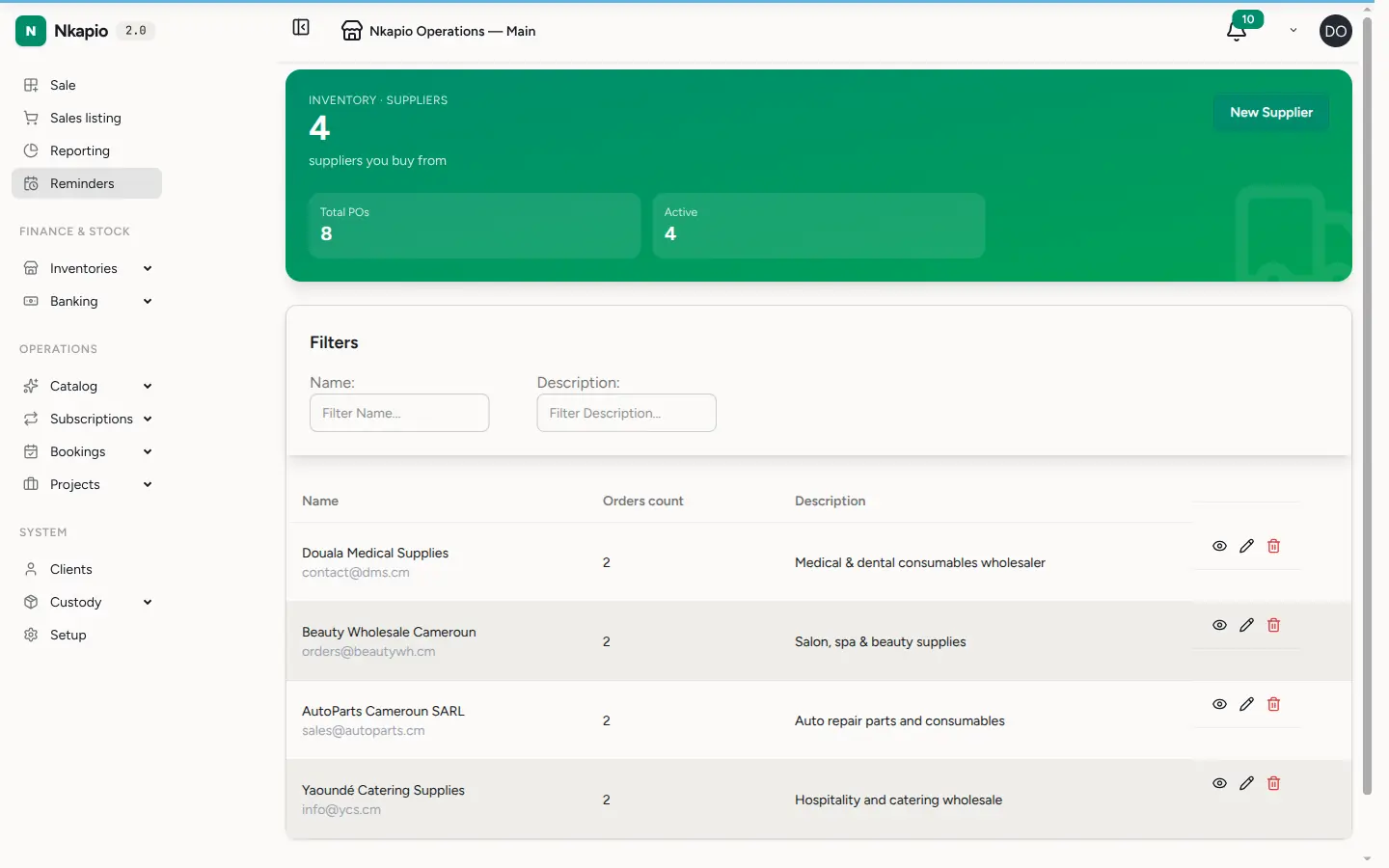 The suppliers list showing vendor names, contacts and open orders