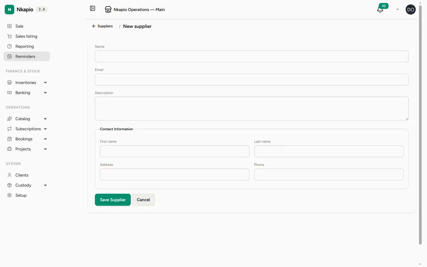 The new supplier form with contact details and supplied products