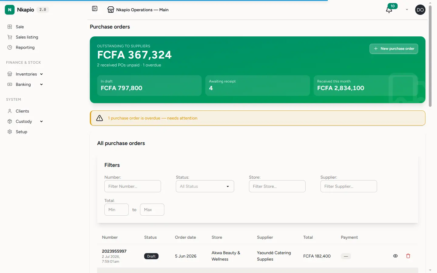 The purchase orders list showing orders in draft, pending and received status