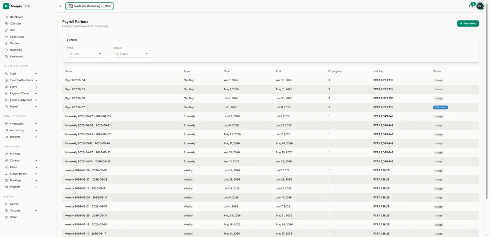 The payroll periods list