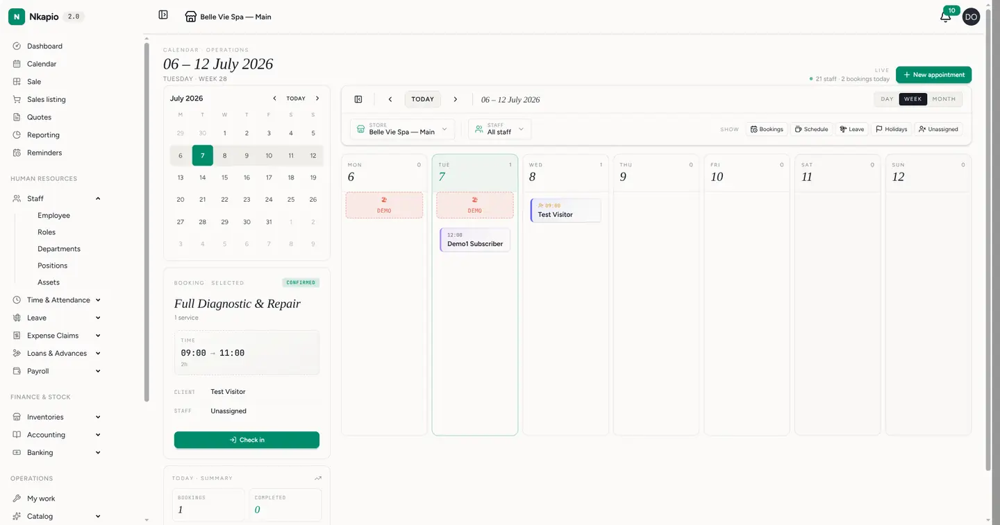 A booking selected on the calendar