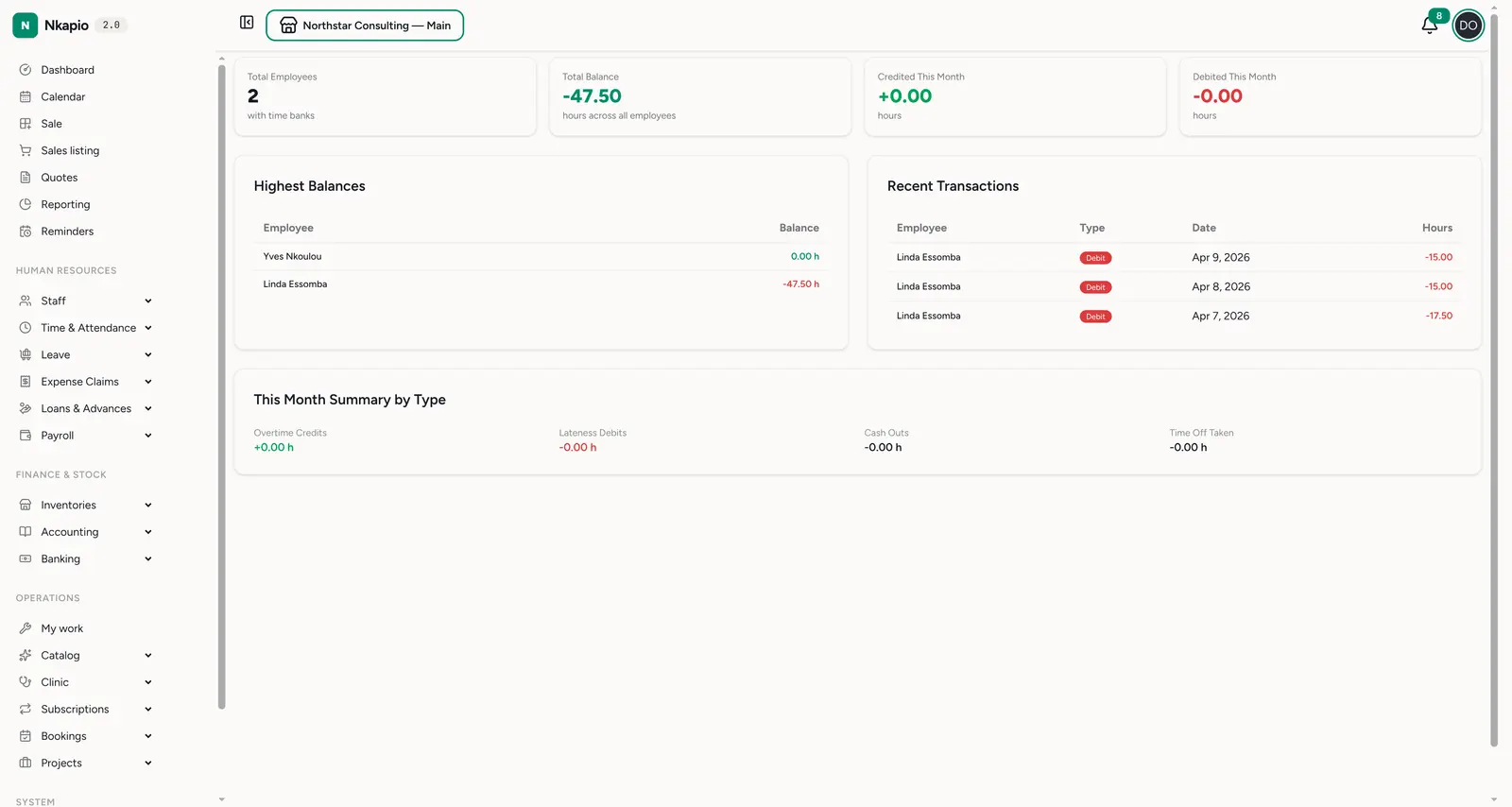 Time-bank reports — totals, highest balances and recent transactions