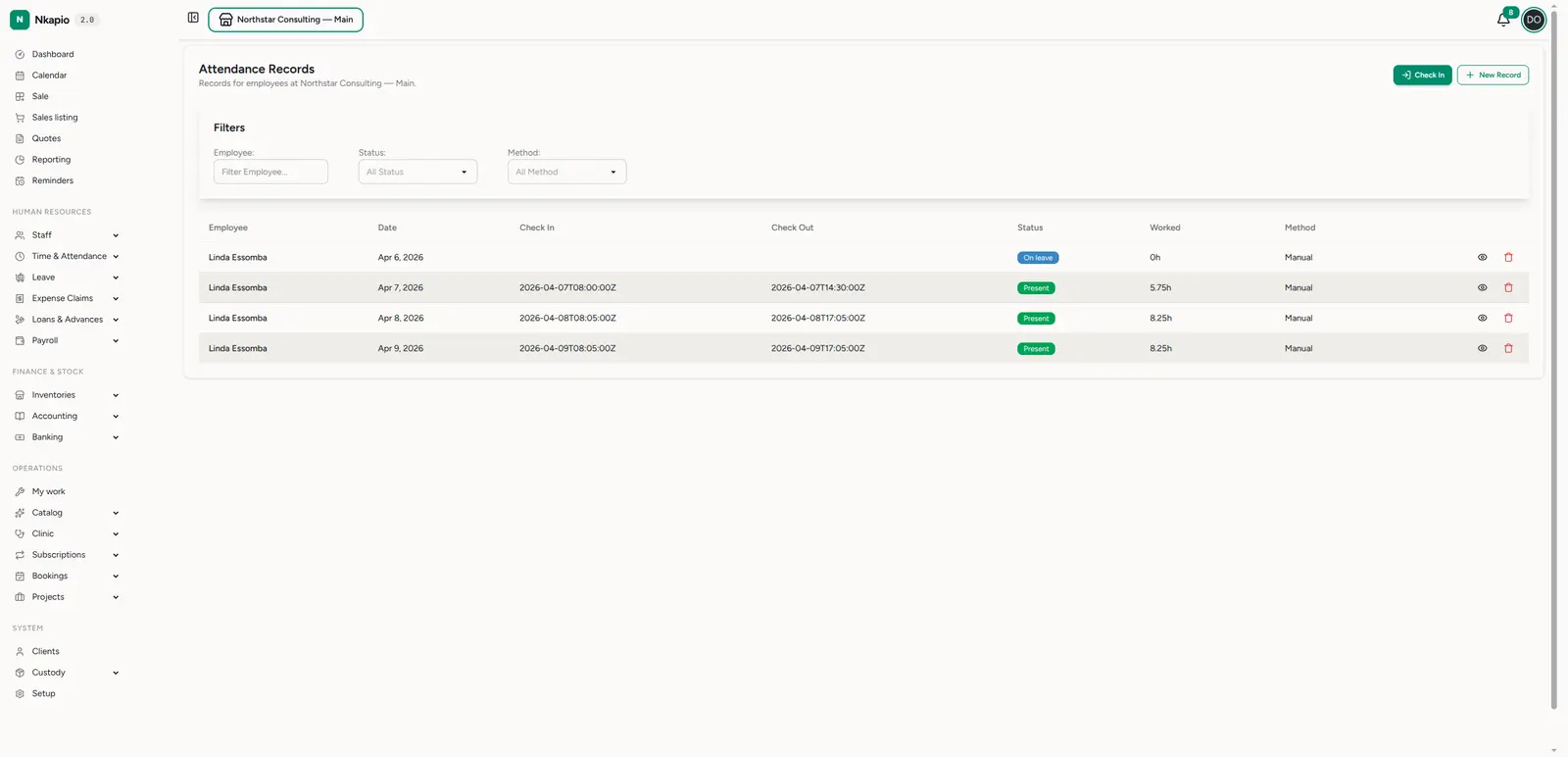 Attendance records with check-in/out times and hours worked