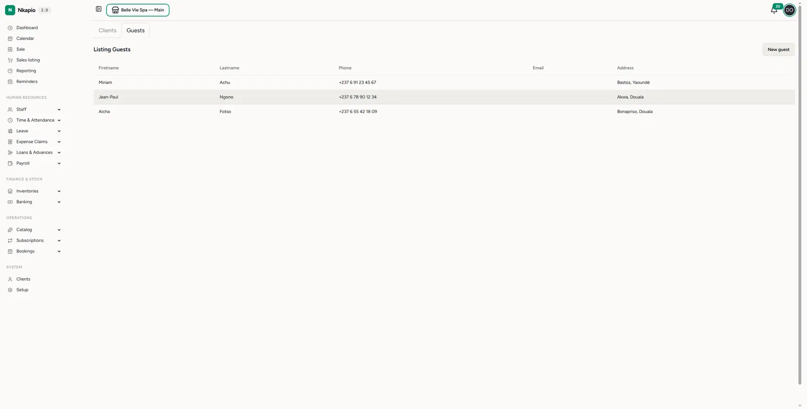 The guests list — walk-in records with contact details