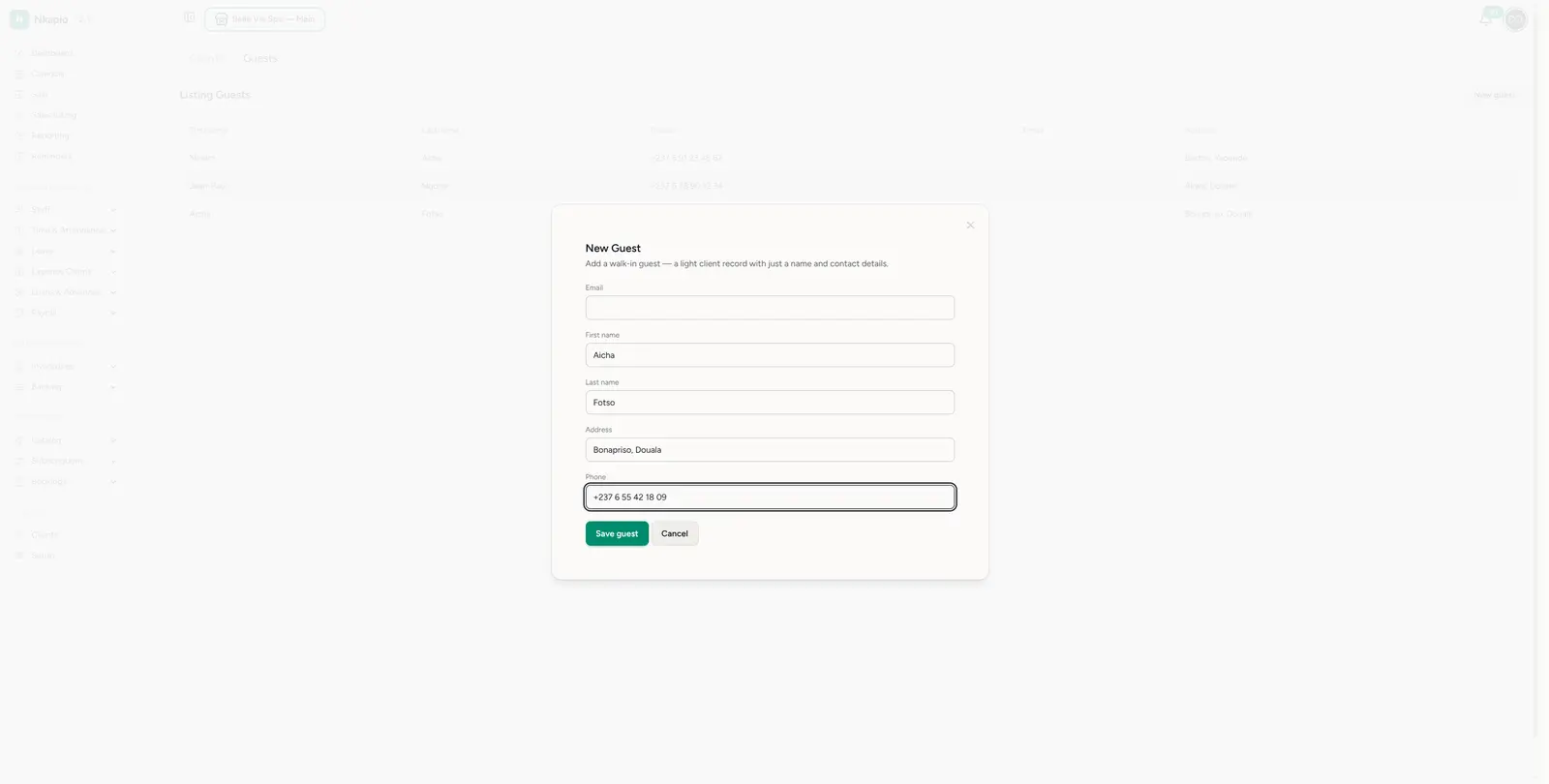 The new-guest form — name and contact details