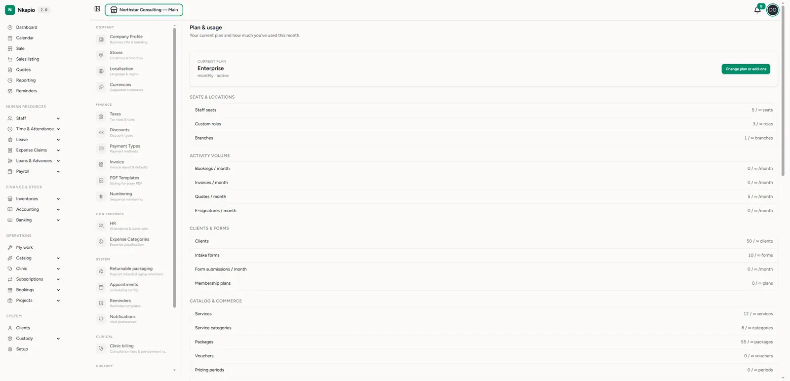 Plan & usage — current plan and monthly usage against limits