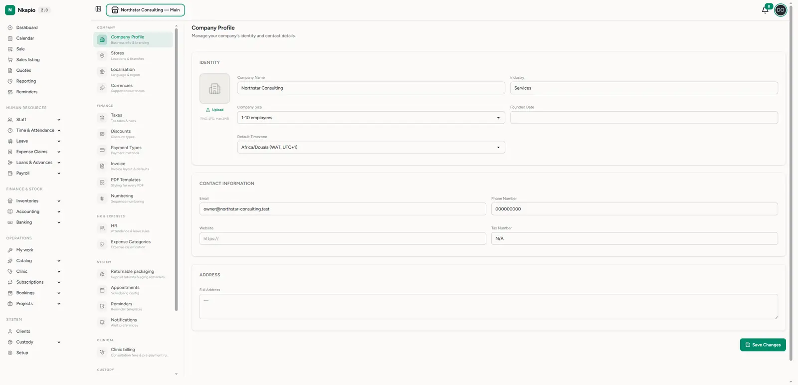 Company profile — identity, contact and address