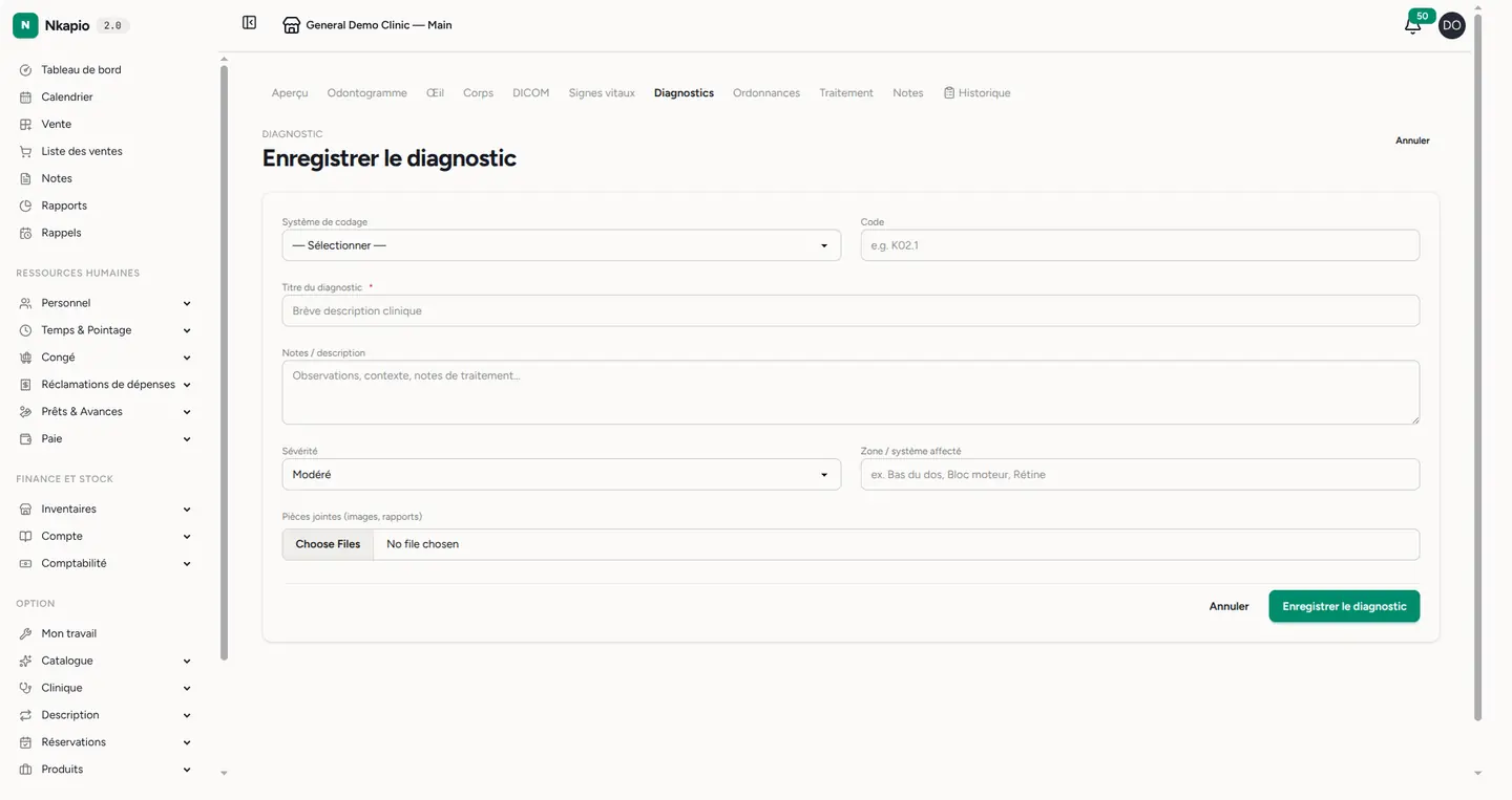 Le formulaire d'enregistrement d'un diagnostic