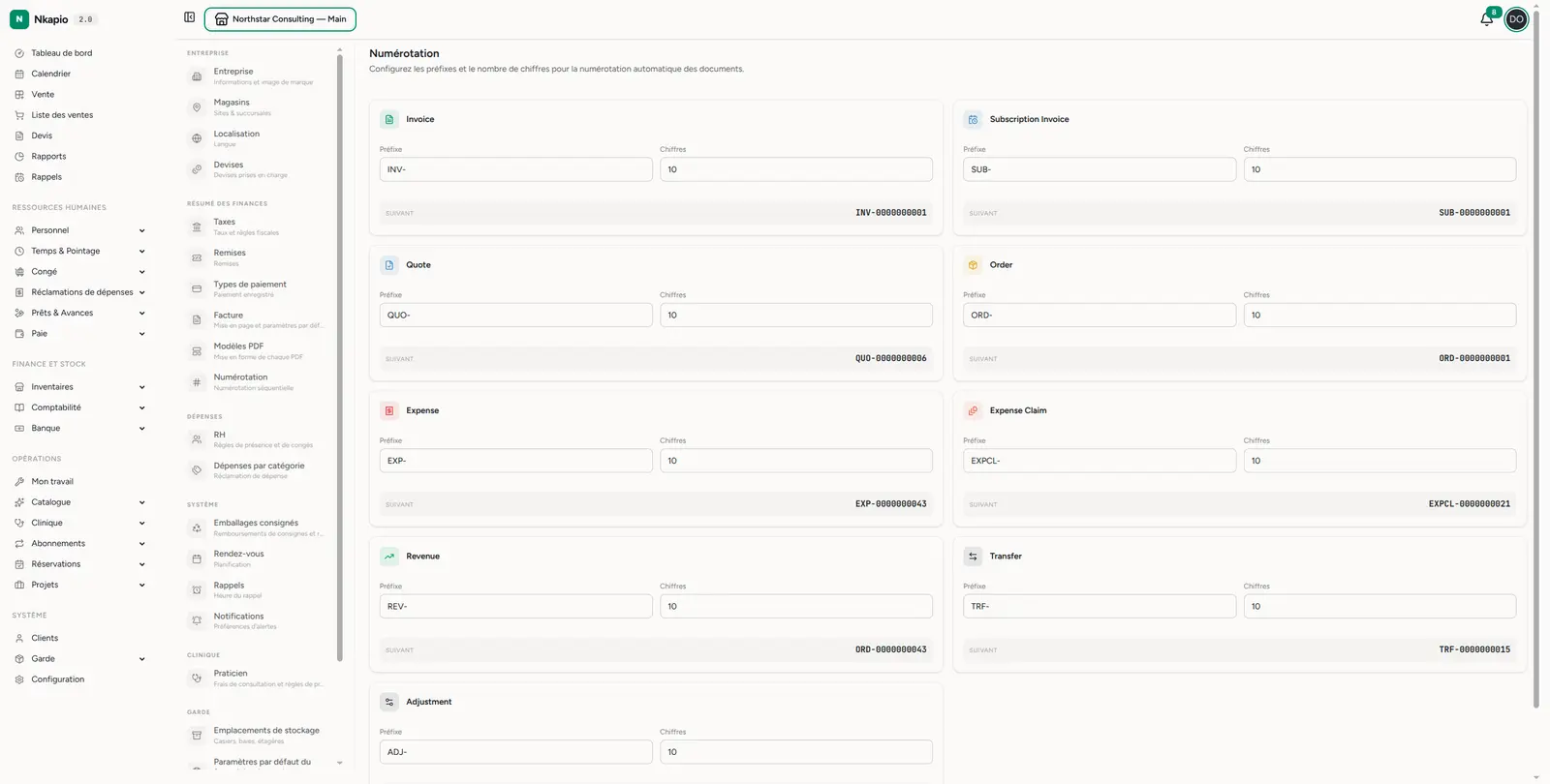 Numérotation — préfixes et nombre de chiffres par type de document