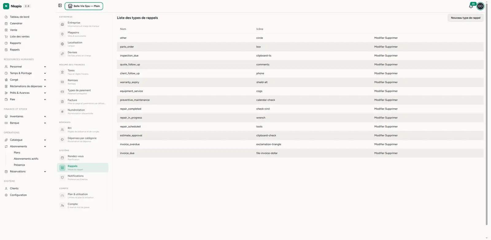 Les types de rappel dans la Configuration
