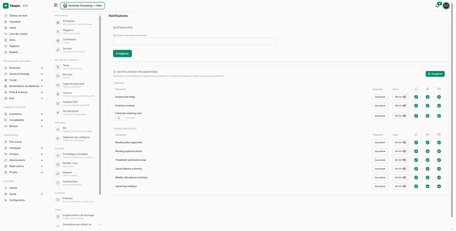 Notifications — destinataires et alertes financières/RH planifiées avec canaux