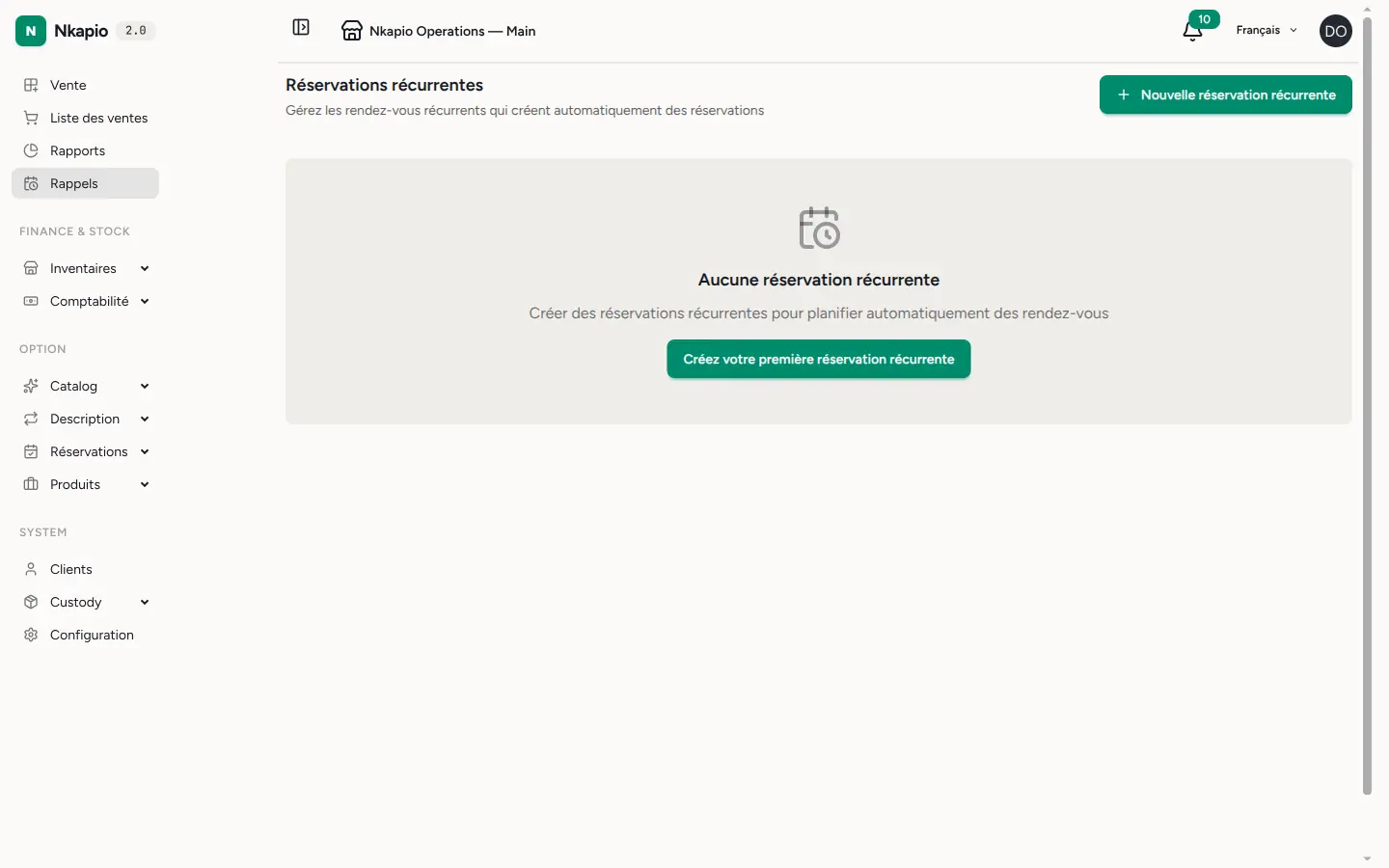 Le formulaire de rendez-vous récurrent avec les champs client, service et fréquence