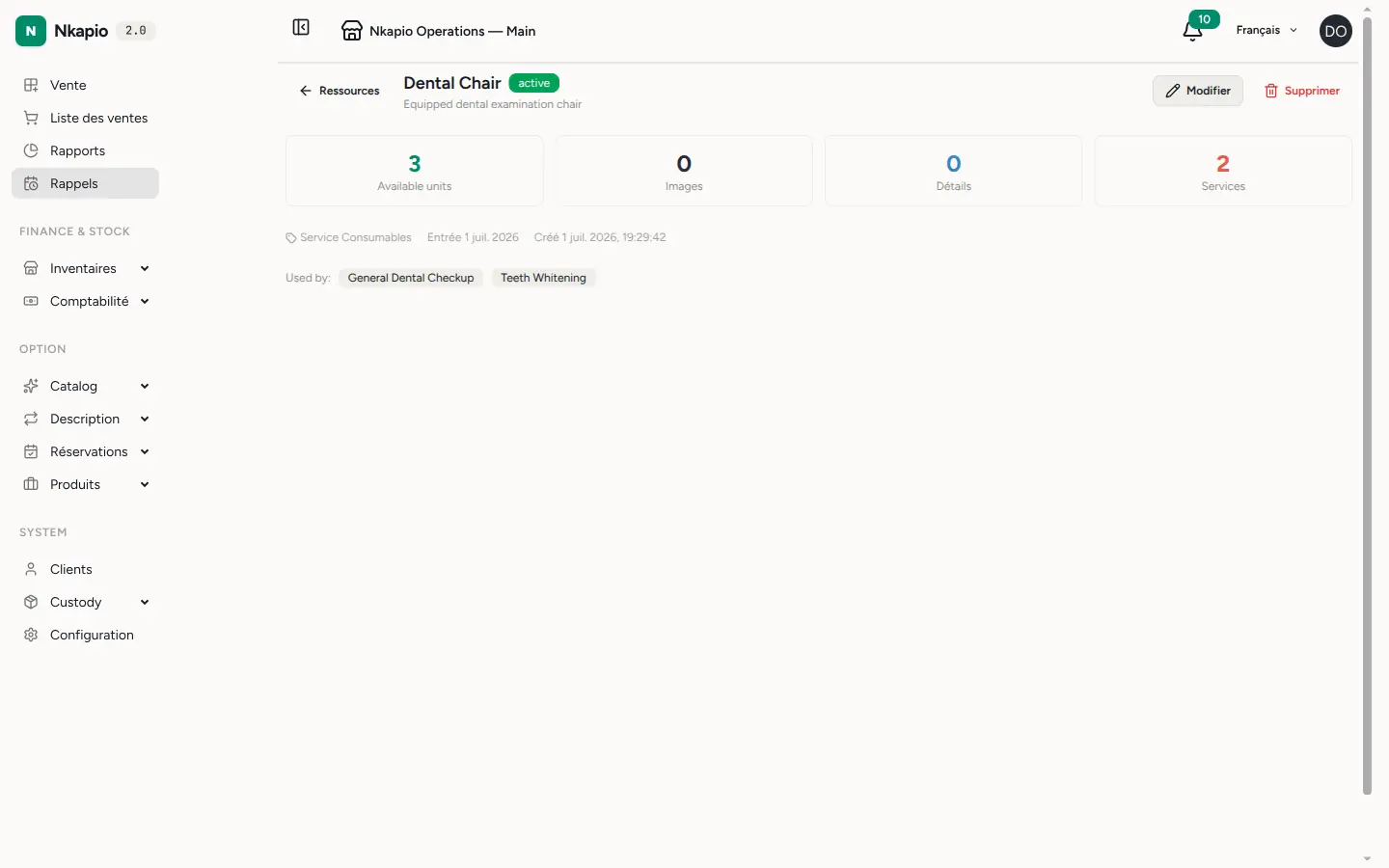 La page de détail de la ressource affichant les services associés et les prochains rendez-vous