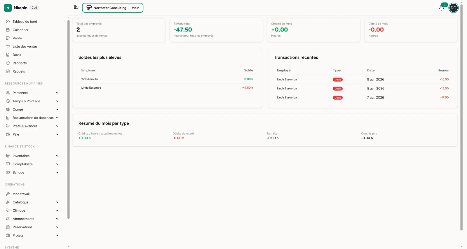 Rapports de banque de temps — totaux, soldes les plus élevés et transactions récentes